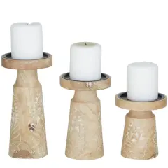 Mango Wood Round Carved Pillar Floral Candle Holder Set Light Brown