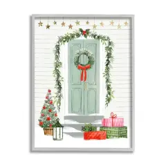 Stupell Industries Christmas Presents Wreath Doorstep Framed Giclee Art Gray