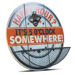 American Art D&eacute;cor&trade; Happy Hour It's 5 O'clock Somewhere Bottle Opener & Cap Catcher Wall D&eacute;cor