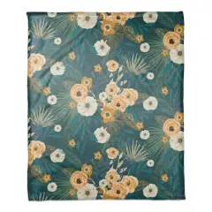 Tropical Floral Coral Fleece Blanket Teal