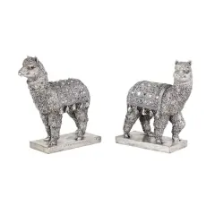 Set of 2 Silver Resin Eclectic Llama Sculpture, 10", 9"