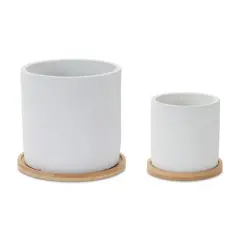 White Stone Planters with Wood Plates Set