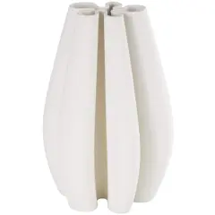White Ceramic Abstract Ribbed Dimensional Concaved Vase with Floral Shaped Rim