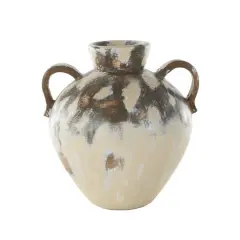 16" Cream Ceramic Antique Style Pot Vase with Arched Handles