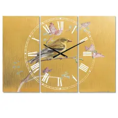 Designart 'Gold Bird On Blossoms Iii Farmhouse Multipanel Wall Clock