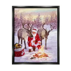 Stupell Industries Santa & Reindeer Bonfire Scene Framed Floater Canvas Wall Art Black