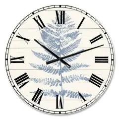 Designart 'Blue Fern Print On Wood Ii Traditional Wall Clock