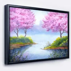 Designart - Flowering Trees Over Lake - Landscape Art Print Canvas in Black Frame