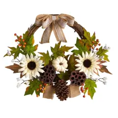 20" Autumn Sunflower, White Pumpkin & Dried Lotus Pod Fall Wreath