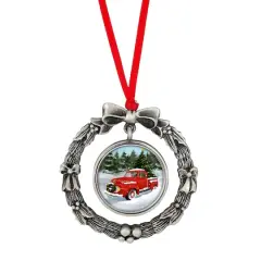 JFK Half Dollar Wreath Ornament With Colorized Vintage Red Christmas Tree Truck Coin