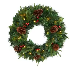 24" Clear LED Mixed Pine & Berries Christmas Wreath