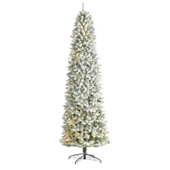 9ft. Pre-Lit Slim Flocked Montreal Fir Artificial Christmas Tree, White LED Lights