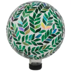 10" White & Green Mosaic Iridescent Leaves Outdoor Garden Gazing Ball