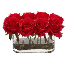 5.5" Red Blooming Roses Arrangement in Glass Vase