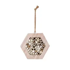 Hello Honey&reg; 10" Natural Paulownia Wood & Bamboo Hexagon-Shaped Insect House with Jute Hanger