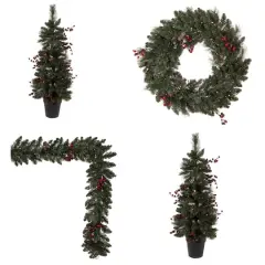 4-Piece Pre-Lit Artificial Christmas Tree, Wreath & Garland Set, Warm White LED Lights