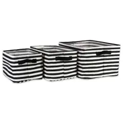 DII&reg; Stripes PE-Coated Herringbone Woven Cotton Laundry Bin Set Black