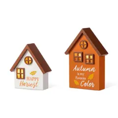 Glitzhome&reg; Lighted Fall Wooden House-shaped Table Decor Set