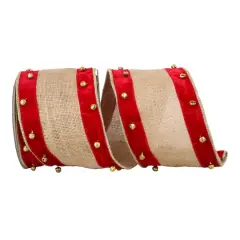 JAM Paper 4" x 5yd. Natural and Red Velvet Burlap and Bells Wired Edge Ribbon
