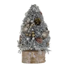 Hello Honey&reg; 9" Frosted Ornaments, Pinecones & Glitter Christmas Tree with Wood Slice Base