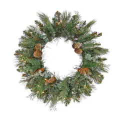 First Traditions&trade; 24'' Pre-Lit Artificial North Conway Wreath with Glittery Cones and Eucalyptus