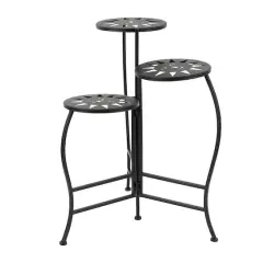 24" Black Metal Folding 3-Tier Plant Stand with Sun Face Cutouts
