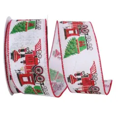 JAM Paper 2.5" x 20yd. Train with Christmas Tree Linen Ribbon