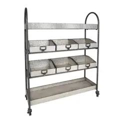 Hello Honey&reg; 46" Rustic Farmhouse Galvanized Metal 4-Tier Cart with 6 Storage Bins