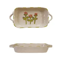 Hello Honey 12-Ounce Hand-Painted Stoneware Organic Shaped Baker with Handles and Flower, Multicolor