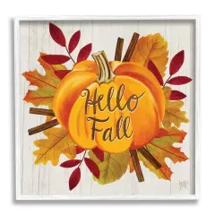 Stupell Industries Hello Fall Sentiment Orange Pumpkin Autumn Tree Leaves White Framed Wall Art, 17" x 17"
