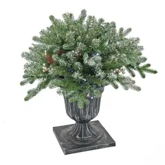 24" Feel Real&reg; Snowy Morgan Spruce Porch Bush in Silver Brushed Plastic Urn with Cones & Champagne Berries