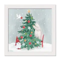 Christmas Creatures Tree Decorating White Framed Canvas Wall Art