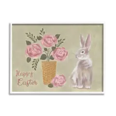 Stupell Industries Happy Easter Bunny Rose Bouquet Framed Giclee Art White