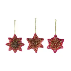 Hello Honey&reg; 3 Pack 4.75" Red & Gold Bead Embroidered Snowflake Cotton Velvet Ornaments
