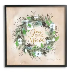 Stupell Industries Joy To The World Holiday Floral Wreath Framed Giclee Art Black