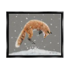 Stupell Industries Jumping Fox Winter Snowfall Framed Floater Canvas Wall Art Black