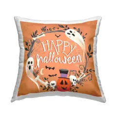 Stupell Industries Orange Happy Halloween Ghosts Wreath Throw Pillow
