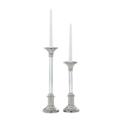 Set of 2 Silver Aluminum Glam Candle Holder, 12", 16"