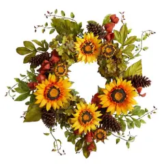 26" Hydrangea, Sunflower & Pinecones Artificial Autumn Wreath