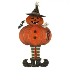 28" Lighted Standing Pumpkin with a Ghost & Bat Halloween Tabletop D&eacute;cor
