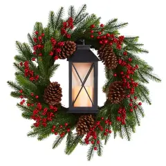 28" Berries & Pine Christmas Wreath with Lantern & Included LED Candle