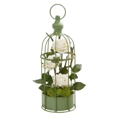 15" Triple Rose Arrangement in Decorative Cage White