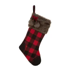 Glitzhome&reg; 21" Fur Black & Red Buffalo Plaid Stocking