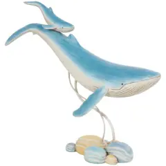 18.5" Blue Polystone Swimming Whale Parent & Child Sculpture D&eacute;cor