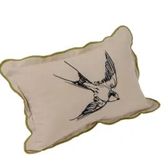 Hello Honey&reg; Embroidered Bird Cotton Chambray Printed Lumbar Pillow with Patterned Back & Scalloped Edge