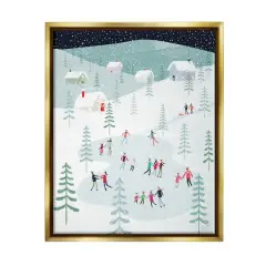 Stupell Industries Ice Skating Families Snowfall Framed Floater Canvas Wall Art Gold