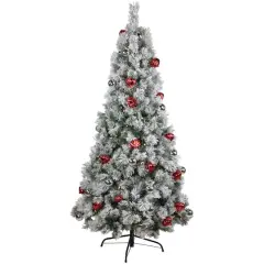 6ft. Pre-Lit Snowy Bristle Pine with Ornaments Artificial Christmas Tree, Clear Lights