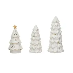 Hello Honey&reg; Cream LED Stoneware Christmas Trees with Gold Electroplating Set