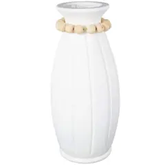 20" White Magnesium Oxide Decorative Vase with Light Brown Beads & Carved Grooves