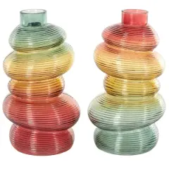 12" Multicolor Glass Ribbed Stacked Stones Vase Set with Color Blocks